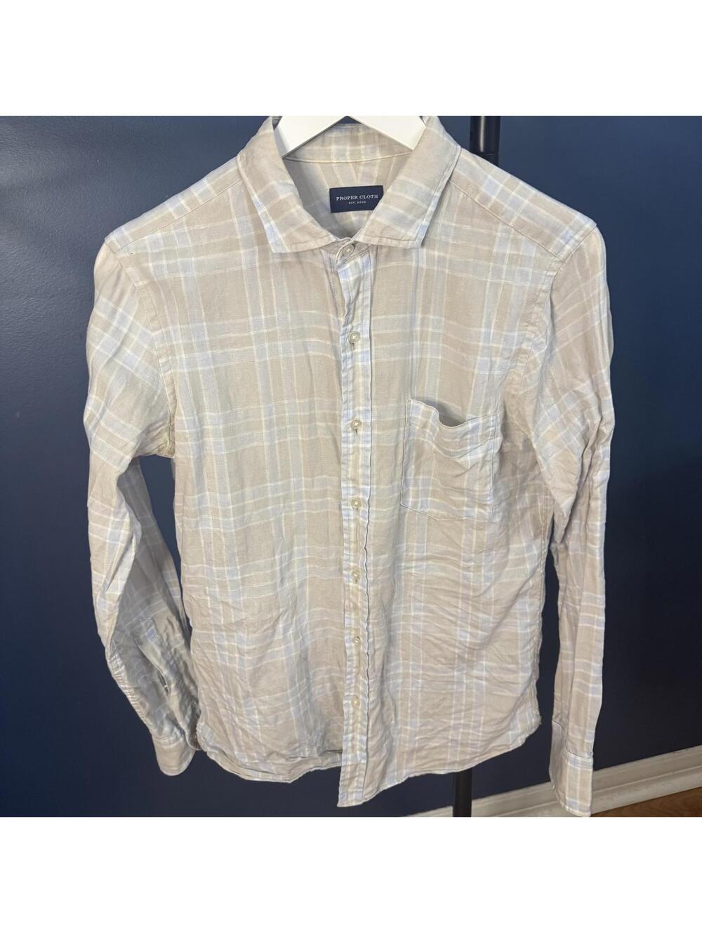 Proper Cloth Linen Plaid Shirt XS-S Beige Blue Long Sleeve Casual Summer
